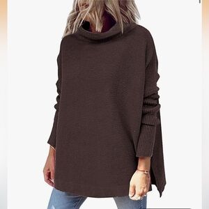 Chocolate Brown Oversized Chunky Knit Turtleneck Batwing Cowl Neck Sweater XS
